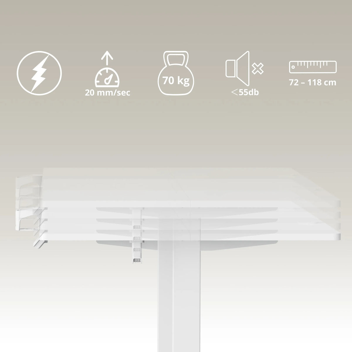 Caractéristiques techniques du bureau réglable en hauteur électriquement Worktime avec indications de vitesse, charge et dimensions de hjh OFFICE