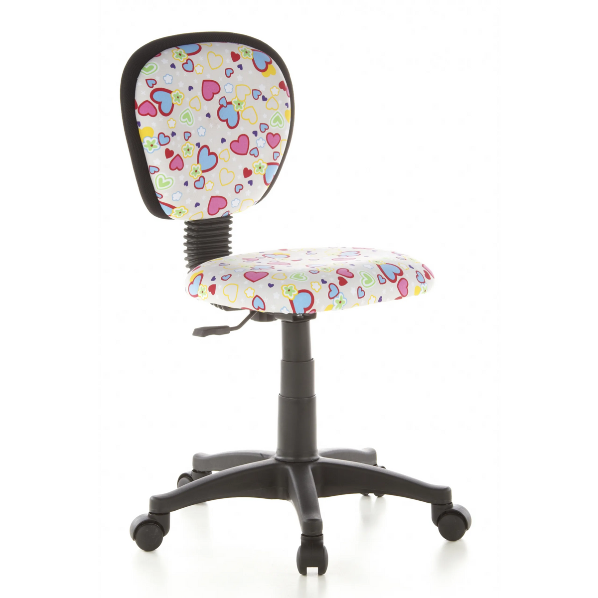 Chaise pivotante pour des enfants KIDDY TOP avec motif coloré de cœurs et de fleurs et base à cinq roulettes de hjh OFFICE – vue à 360° (vue de trois quarts avant 40°)