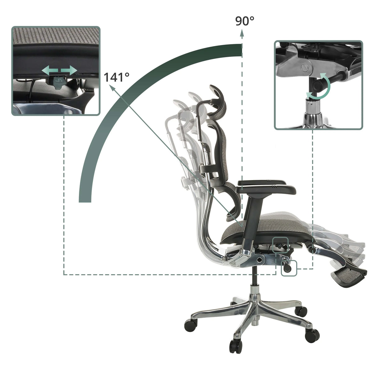 Dossier et hauteur d'assise réglables du siège de direction de luxe ERGOHUMAN PLUS LEGPRO GEN2 de 90 à 141 degrés de hjh OFFICE