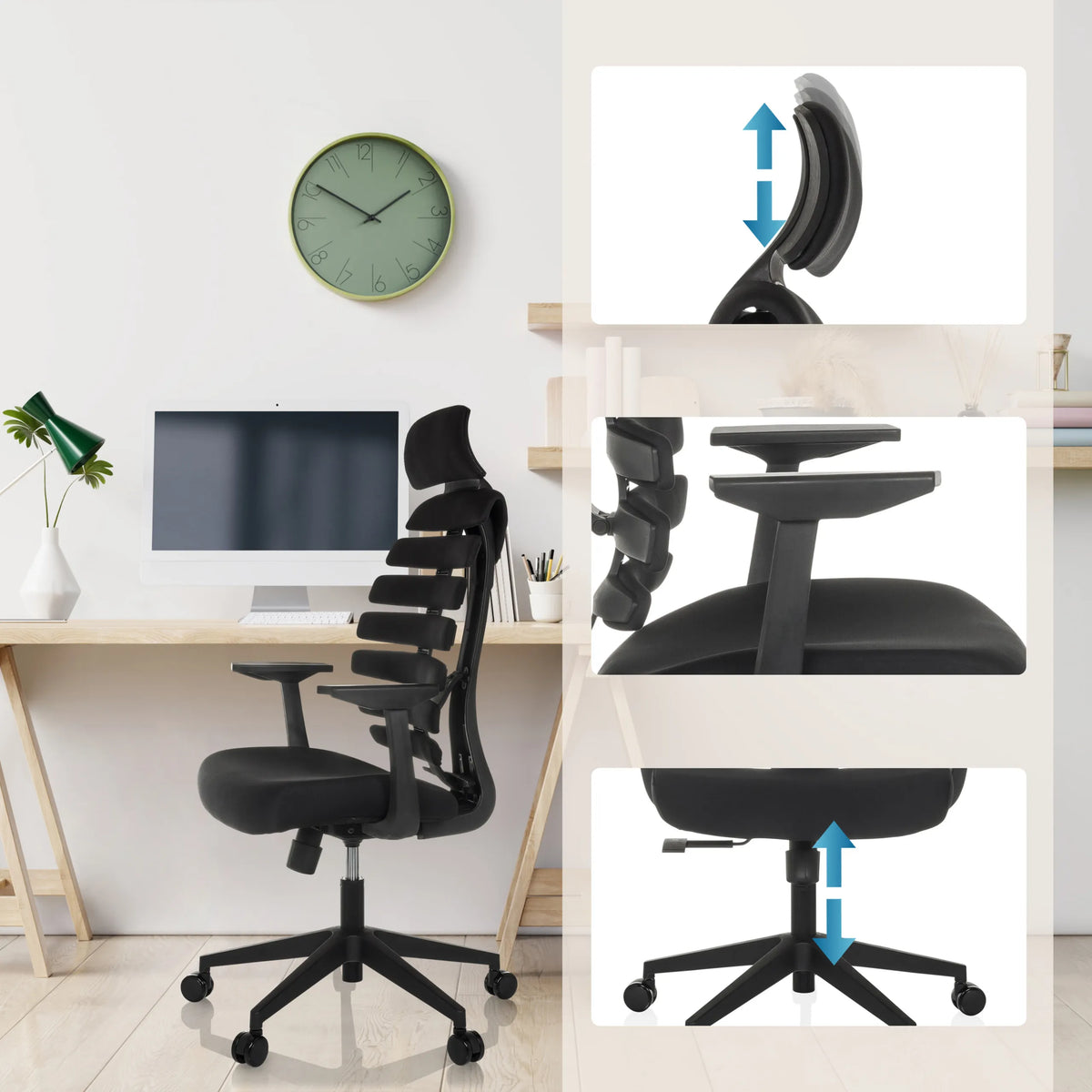 Verstellbare Kopfstütze, Armlehnen und Sitzhöhe des Profi-Bürostuhls ERGO LINE ECO von hjh OFFICE
