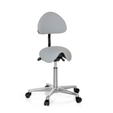 Tabouret de selle TOP WORK 20 gris avec dossier et base à cinq roulettes de hjh OFFICE – vue à 360° (vue de face 20°)