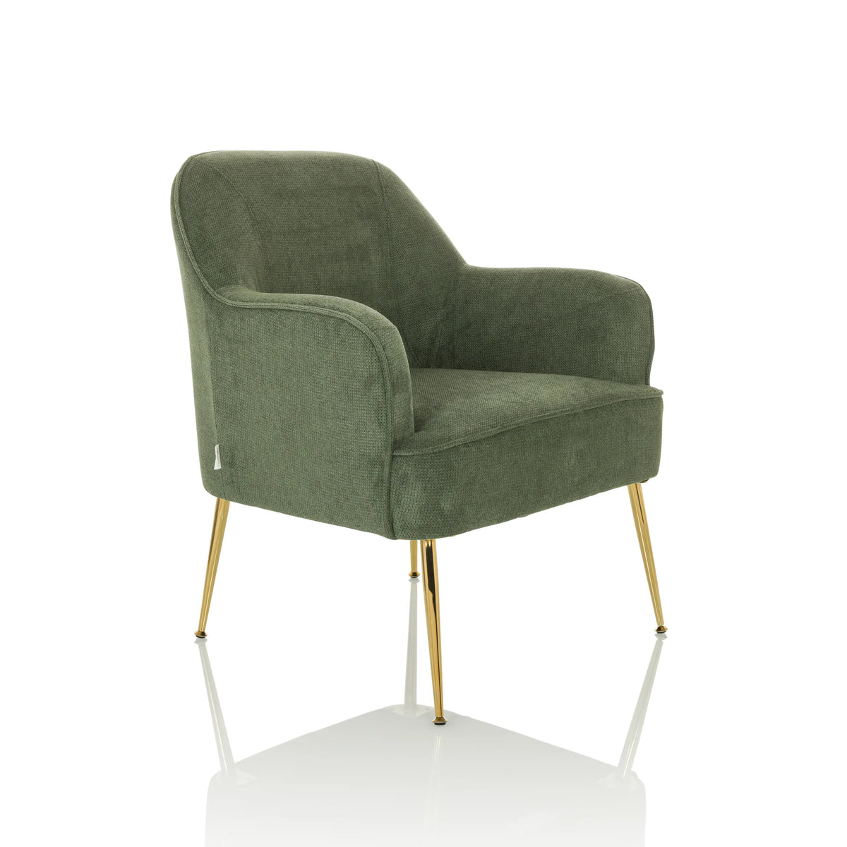 Fauteuil de salon vert THASSOS avec accoudoirs et pieds en métal doré de hjh LIVING – vue à 360° (vue de trois quarts avant 45°)