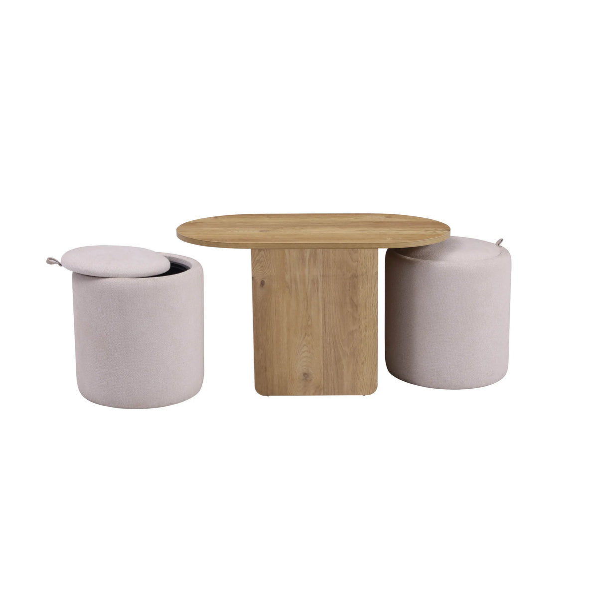 Tables d'appoint Nestup avec plateau rond en bois et deux poufs assortis en blanc de hjh LIVING