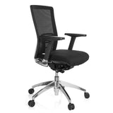 Siège de bureau de qualité professionnelle ASTRA BASE N noir, dossier maille et base brillante à 5 roulettes de hjh OFFICE – vue à 360° (vue de trois quarts avant 60°)
