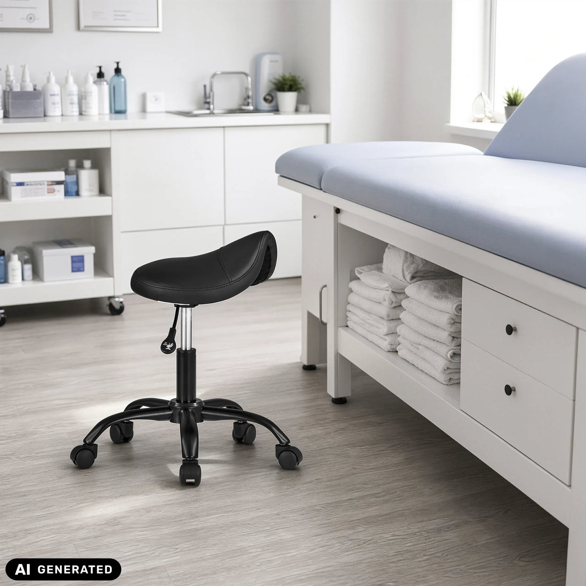 Tabouret selle noir Sattix avec cinq roulettes dans une salle de soins de hjh OFFICE (image générée par IA)