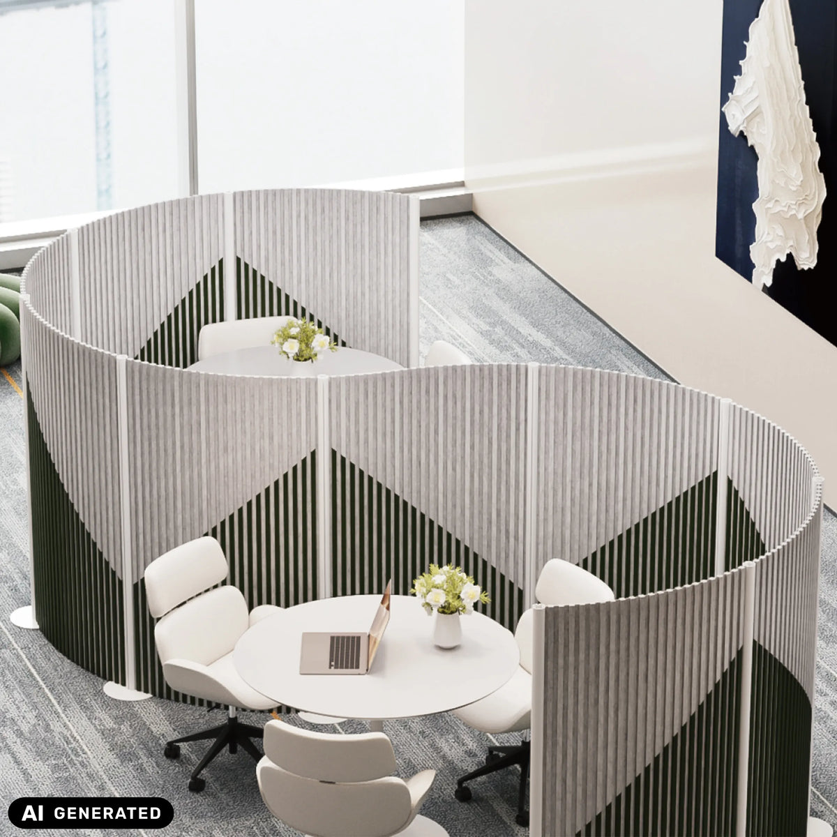 Cloisons de séparation Flexmiut Wave grises pour l'occultation et l'isolation acoustique avec motif géométrique de hjh OFFICE (image générée par IA)