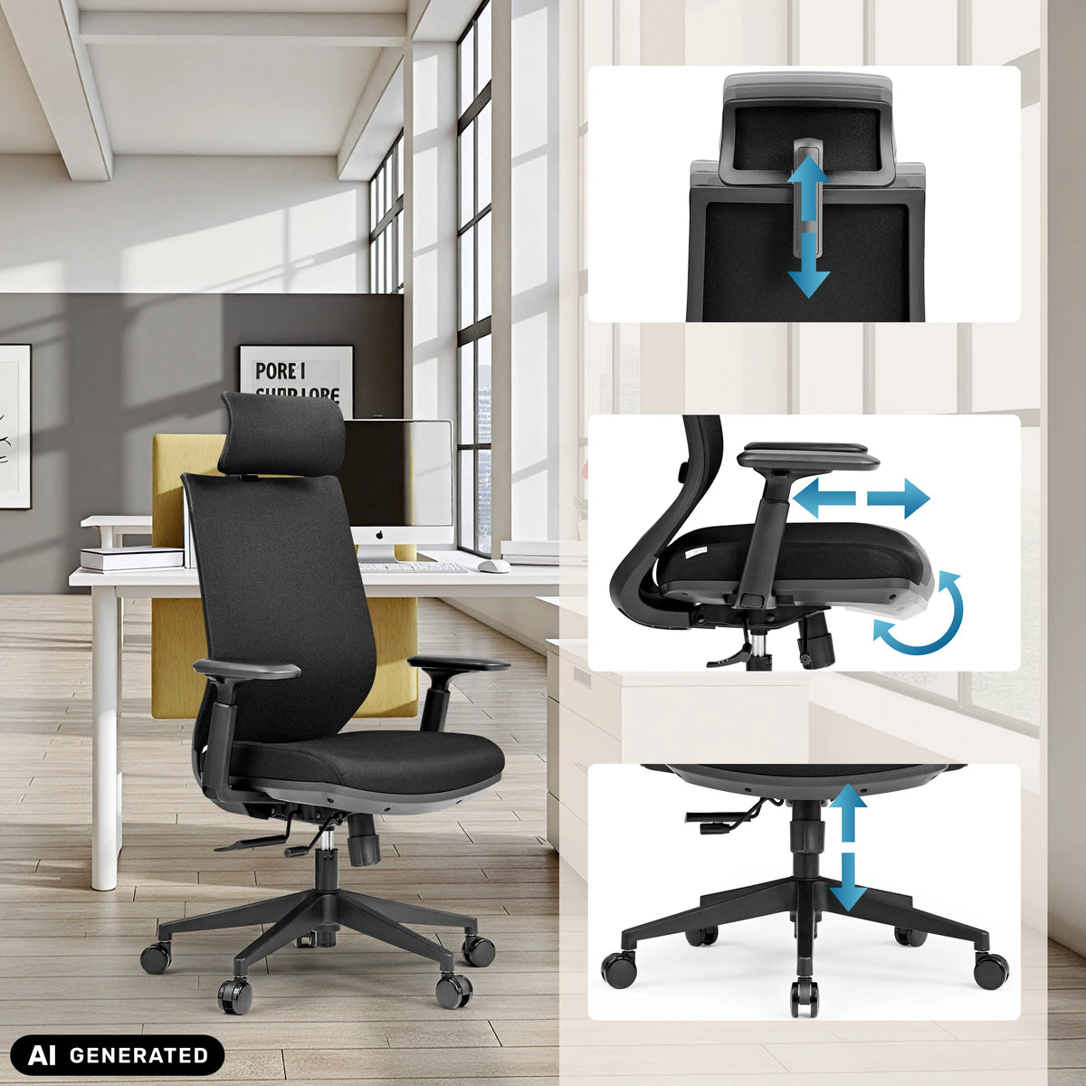 Appui-tête, accoudoirs et hauteur d'assise réglables du siège de bureau de qualité professionnelle Profondo F de hjh OFFICE (image générée par IA)