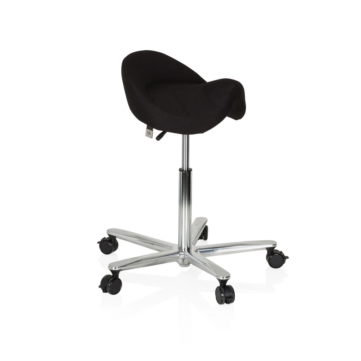 Tabouret de selle MOVE-TEC 3D PRO I noir avec un piétement à cinq roulettes de hjh OFFICE – vue à 360° (vue de trois quarts avant 60°)