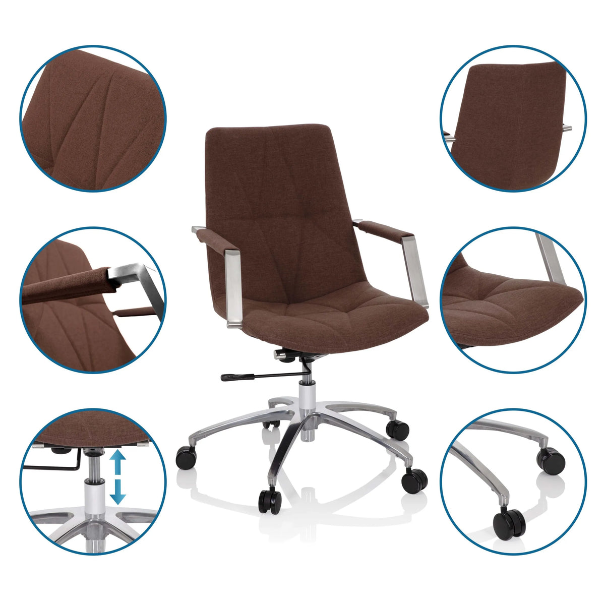 Siège de bureau à domicile SARANTO II en marron moyen avec vues détaillées du tissu, de l'accoudoir et du vérin à gaz de hjh OFFICE