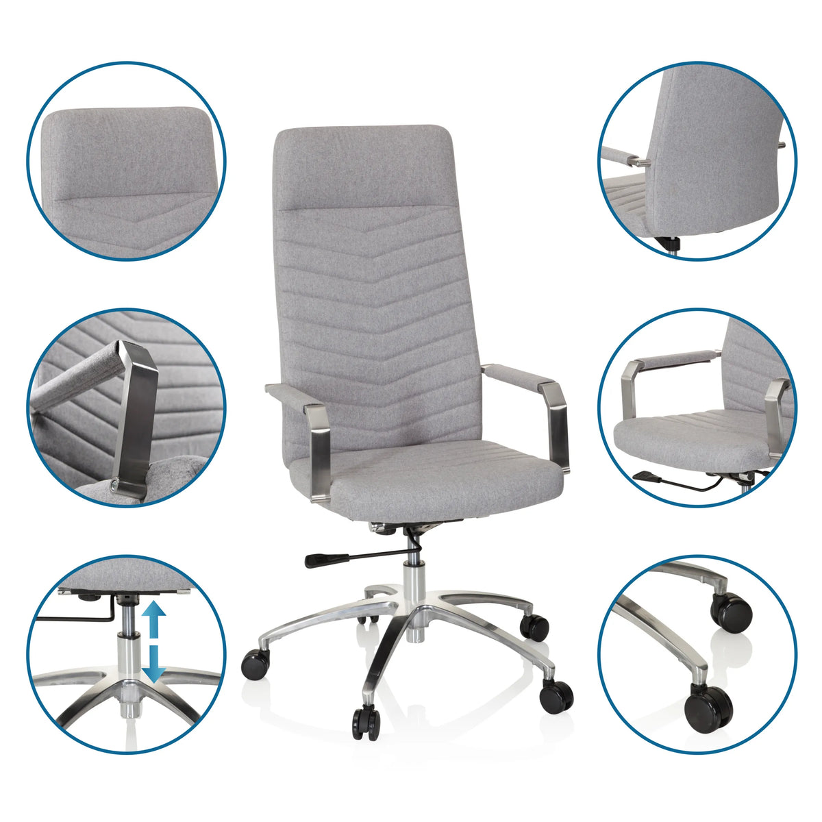 Siège de bureau à domicile SARANTO PLUS gris clair avec vues détaillées du tissu, des accoudoirs, du vérin et des roulettes de hjh OFFICE