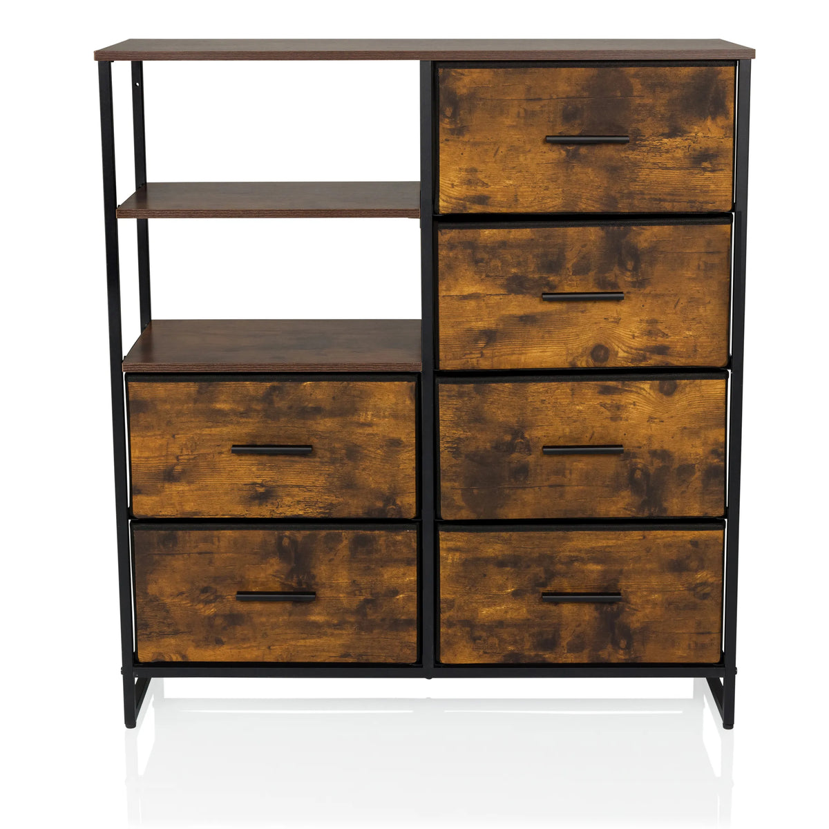Commode RAGALA en chêne fumé avec accents en métal noir, deux étagères et six tiroirs de hjh LIVING – vue à 360° (vue de face 0°)