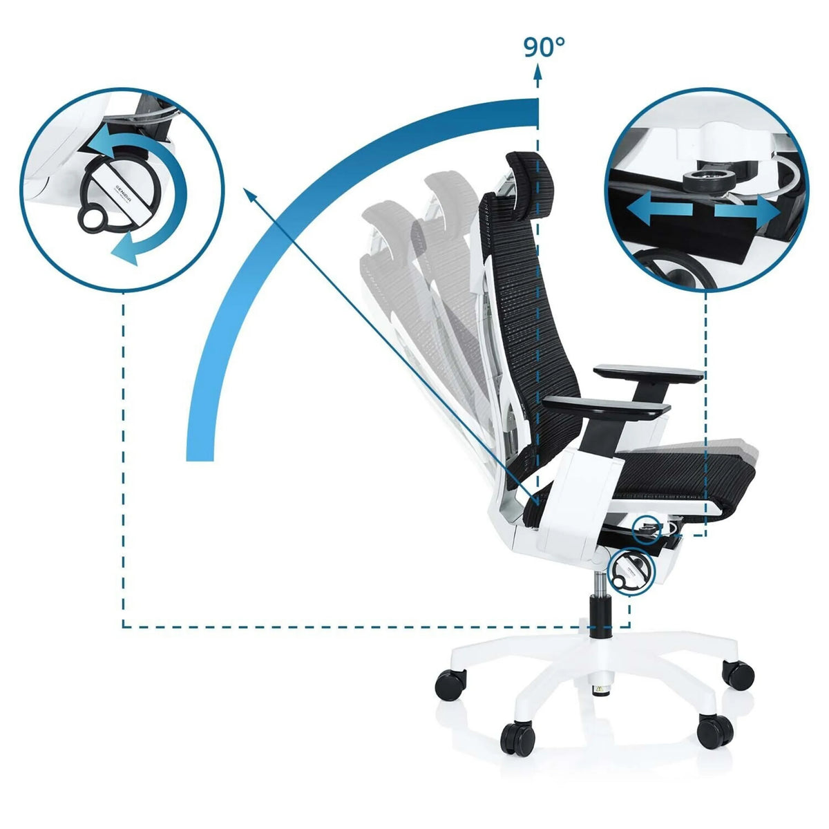 Dossier réglable avec une inclinaison jusqu'à 90 degrés du Siège de bureau haut de gamme GENIDIA PRO WHITE de hjh OFFICE