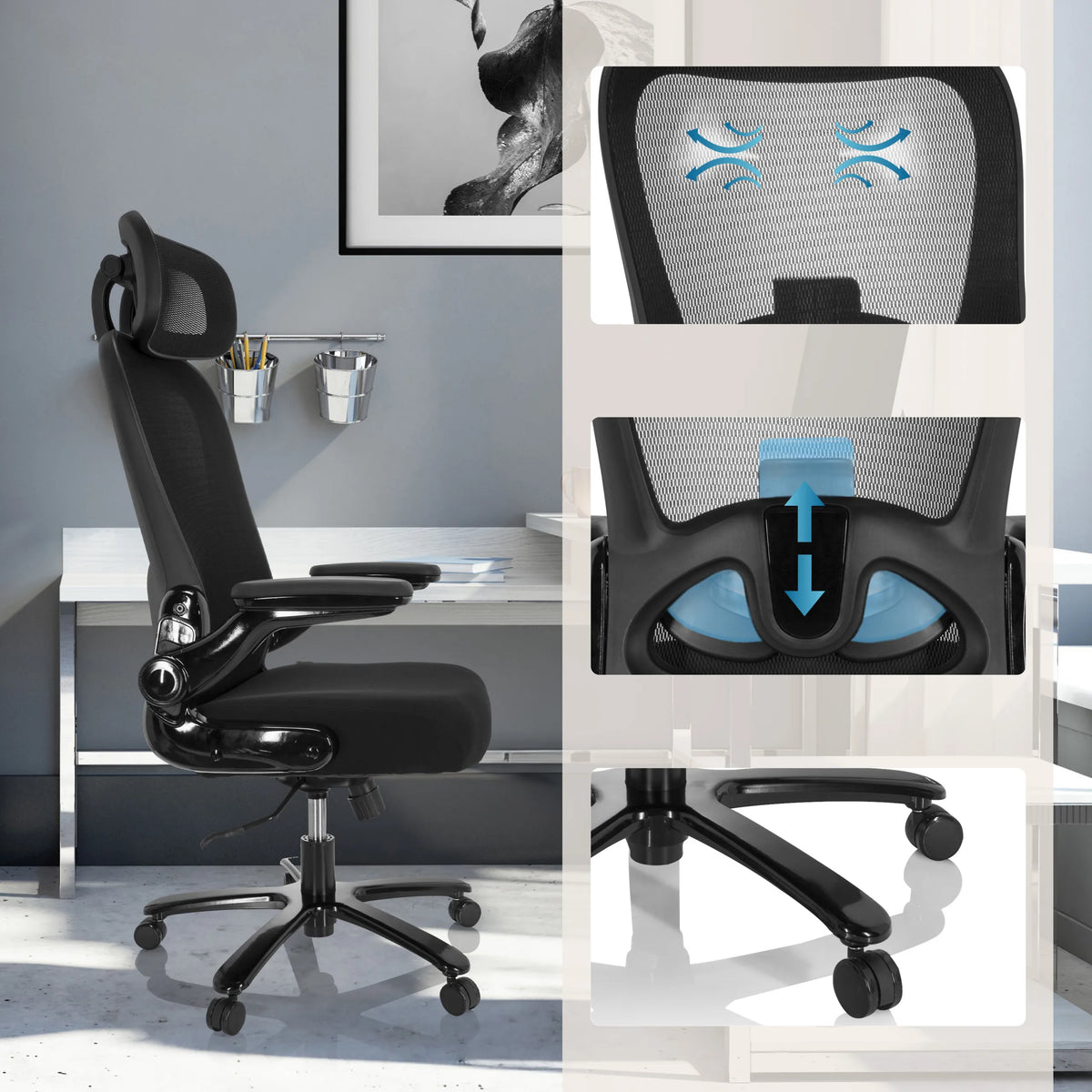 Siège pivotant XXL INSTRUCTOR SW I PRO en noir avec dossier en maille, support lombaire réglable et roulettes de hjh OFFICE