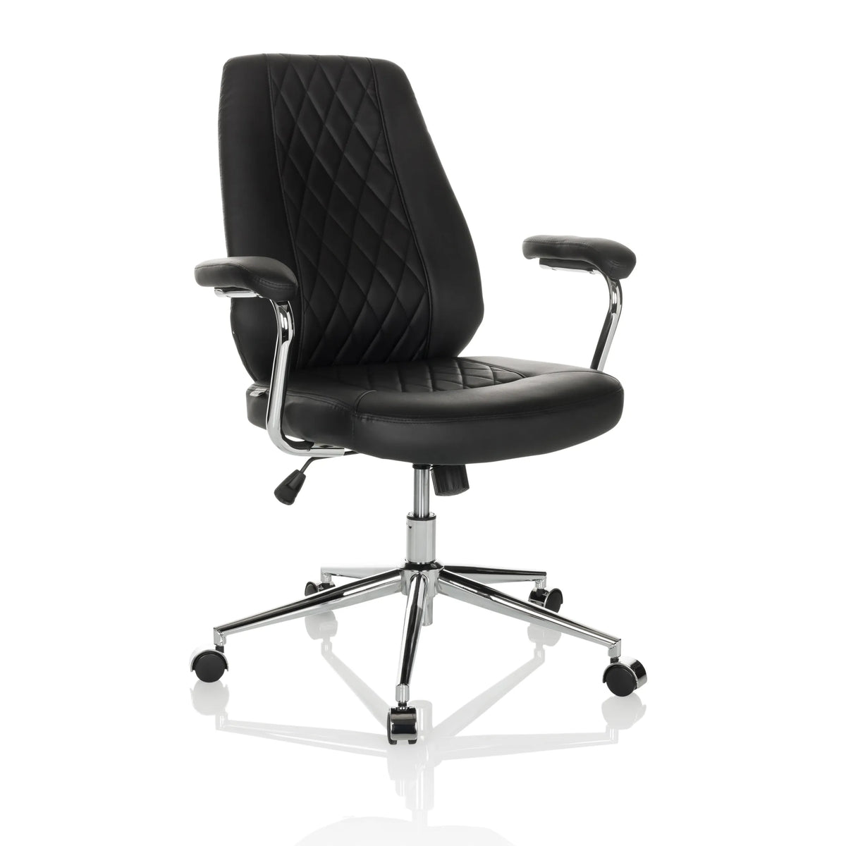 Siège de direction pour bureau à domicile THEO I noir avec dossier capitonné et base à cinq roulettes de hjh OFFICE – vue à 360° (vue de trois quarts avant 30°)