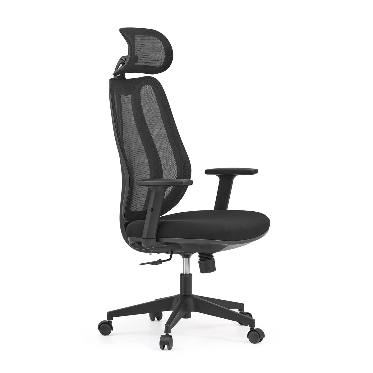 Siège de bureau de qualité professionnelle Filaro noir avec dossier en maille, appui-tête et piètement à cinq roulettes de hjh OFFICE – vue à 360° (vue de trois quarts avant 60°)