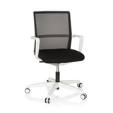 Siège de bureau de qualité professionnelle MOVE-TEC NET 3D W noir et blanc avec dossier en maille et base blanche à cinq roulettes de hjh OFFICE – vue à 360° (vue de face 20°)