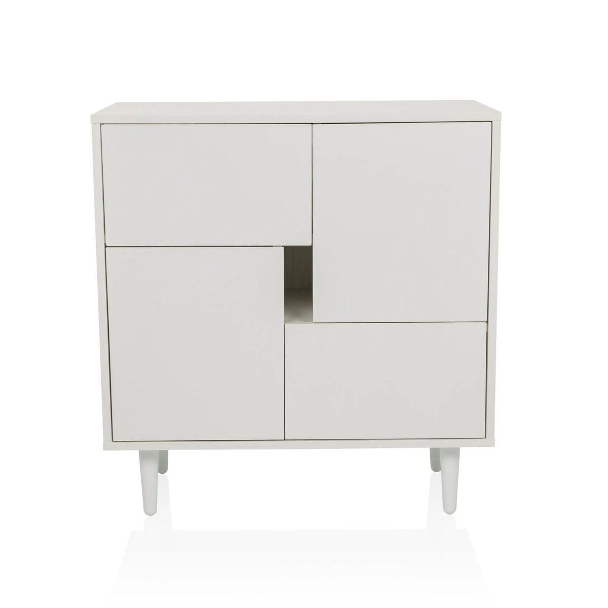 Commode blanche LYKKJA avec division frontale asymétrique et quatre pieds de hjh LIVING – vue à 360° (vue de face 0°)