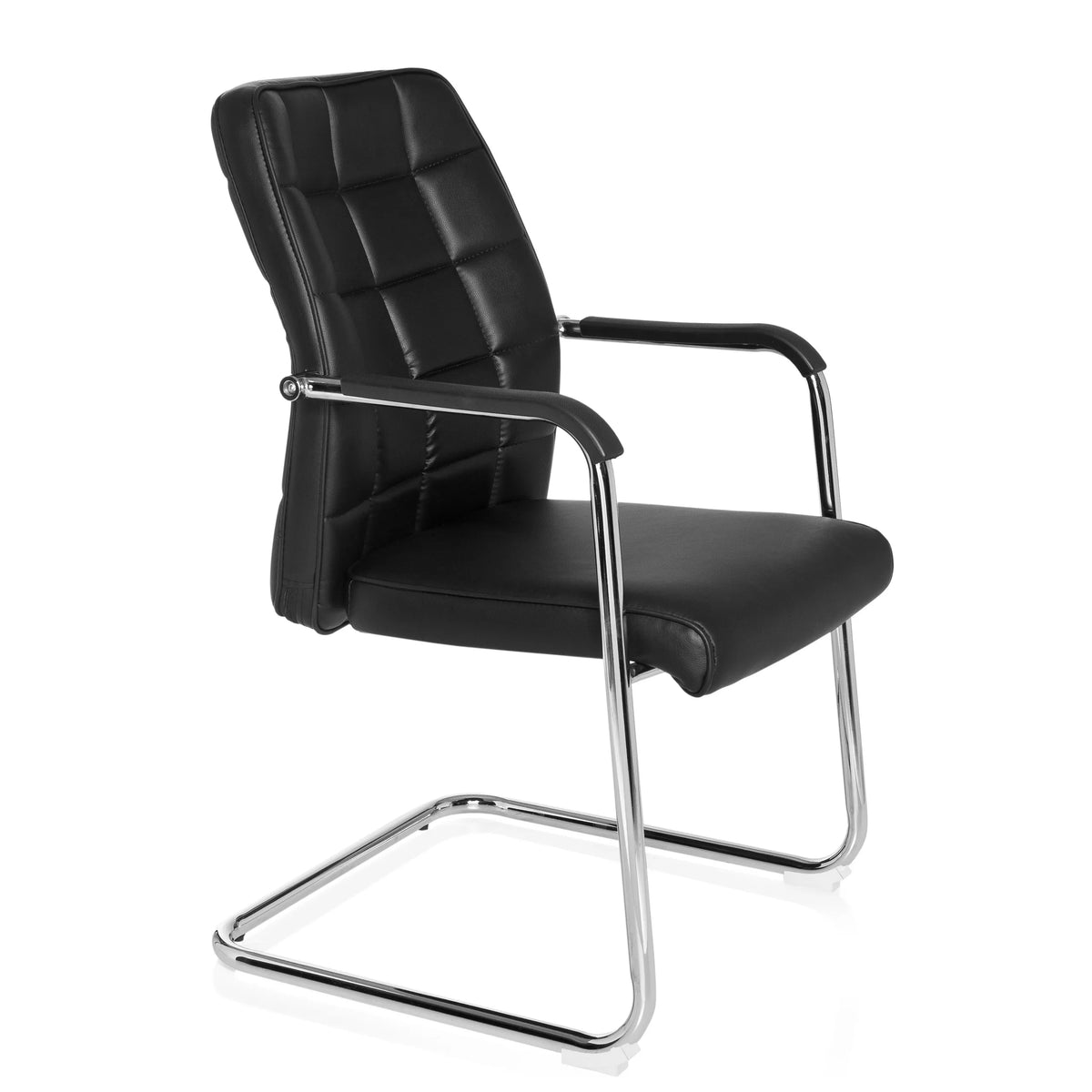 Chaise cantilever FLEXO V noire avec surpiqûres carrées et accoudoirs de hjh OFFICE – vue à 360° (vue de trois quarts avant 60°)