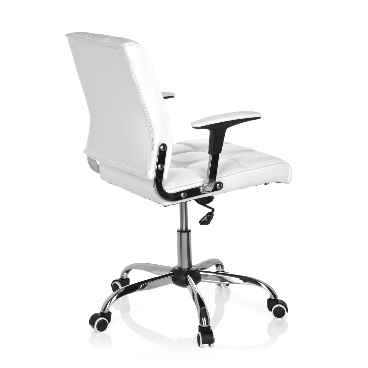 Siège de bureau à domicile ERNESTO blanc avec rembourrage capitonné et base à cinq roulettes de hjh OFFICE – vue à 360° (vue de trois quarts arrière 120°)