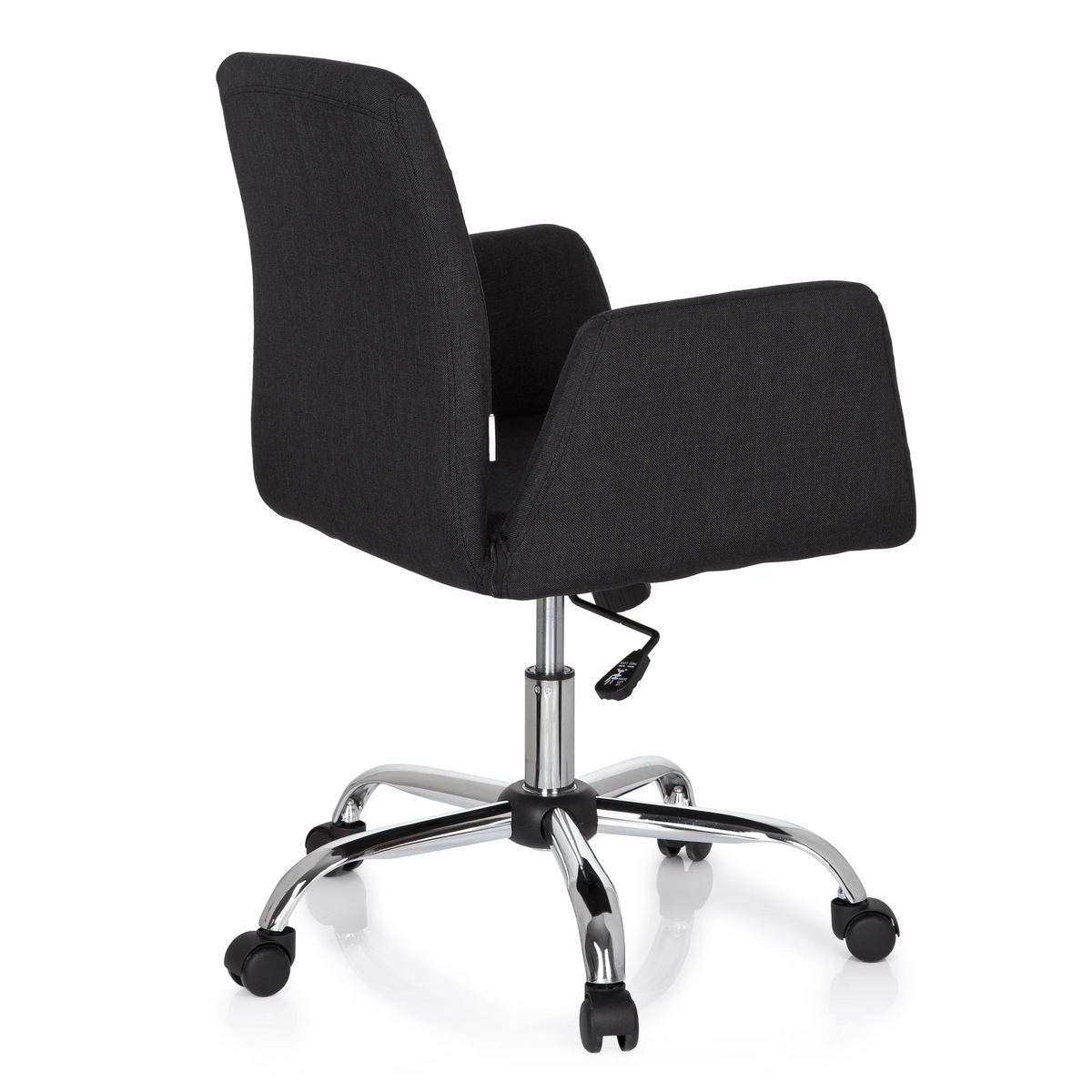 Siège de bureau à domicile FLOW noir avec accoudoirs et pied à cinq roulettes brillant de hjh OFFICE – vue à 360° (vue de trois quarts arrière 120°)