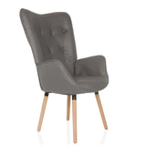 Fauteuil rembourré gris HAVENIO I avec capitonnage, accoudoirs et quatre pieds en bois de hjh LIVING – vue à 360° (vue de trois quarts avant 45°)