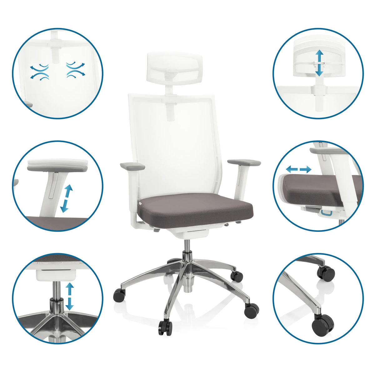 Mécanismes de réglage du Siège de bureau de qualité professionnelle ASPEN WHITE PRO en gris-blanc de hjh OFFICE