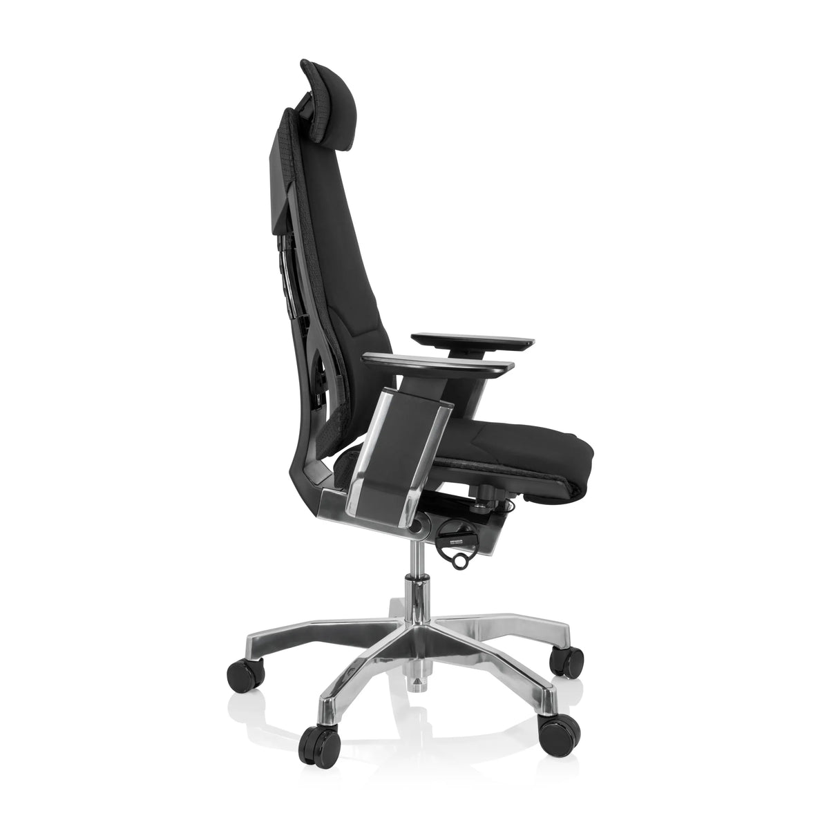 Siège de bureau haut de gamme GENIDIA PRO noir avec revêtement en tissu et piètement à cinq roulettes de hjh OFFICE – vue à 360° (vue de profil 80°)