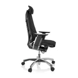 Siège de bureau haut de gamme GENIDIA PRO noir avec revêtement en tissu et piètement à cinq roulettes de hjh OFFICE – vue à 360° (vue de profil 80°)