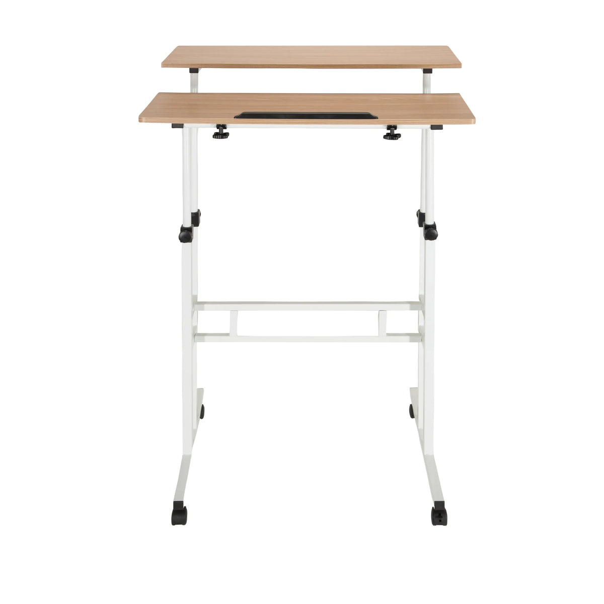 Bureau assis-debout blanc WORKSTATION I avec plateau en chêne et roulettes de hjh OFFICE – vue à 360° (vue de face 0°)