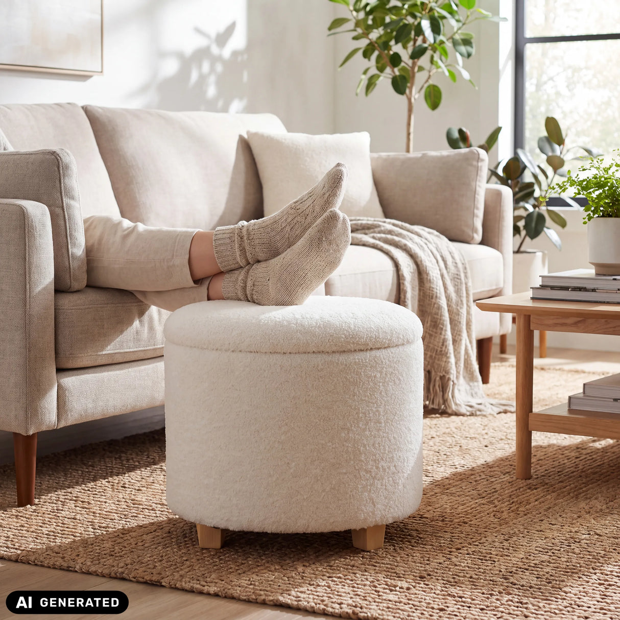 Tabouret rembourré Storiano S blanc avec revêtement en tissu et pieds en bois de hjh LIVING (image générée par IA)