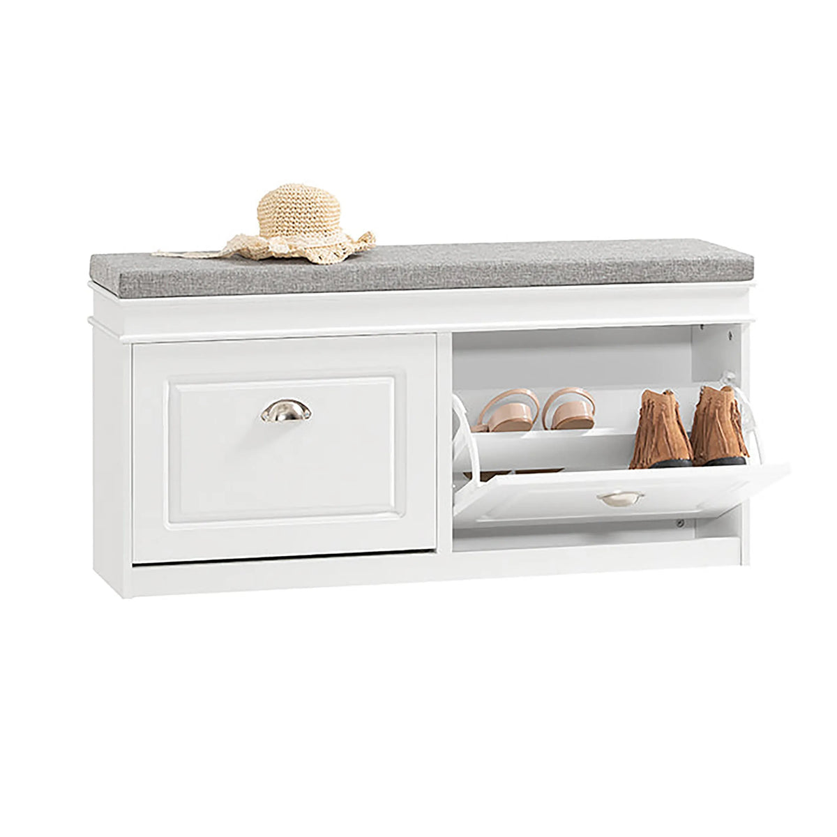 Armoire à chaussures ESTHA I blanche avec assise grise, un tiroir et un compartiment coulissant de hjh LIVING