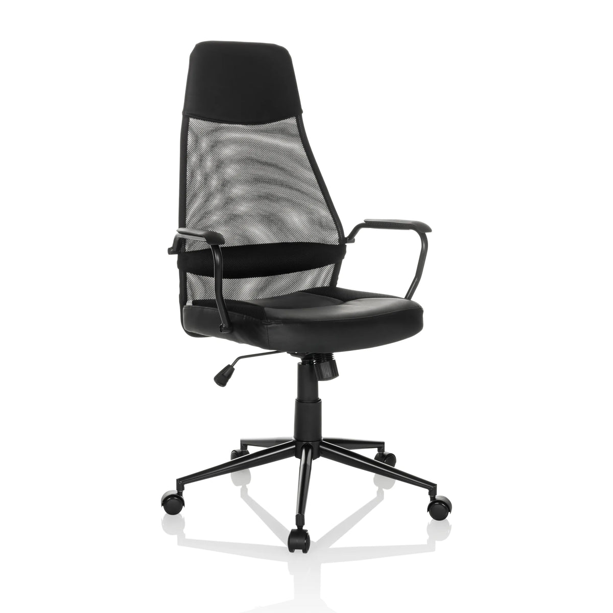 Siège de direction pour bureau à domicile MARCOZ noir avec dossier en maille et base à cinq roulettes de MyBuero – vue à 360° (vue de trois quarts avant 30°)