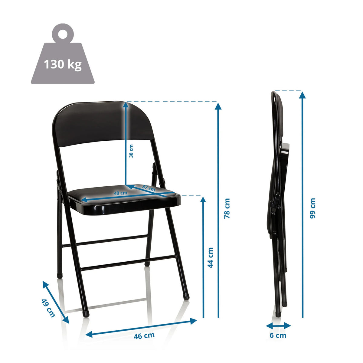 Dessin dimensionnel de la Chaise pliante TUDELA avec une hauteur totale de 78 cm et une capacité de charge de 130 kg de hjh OFFICE