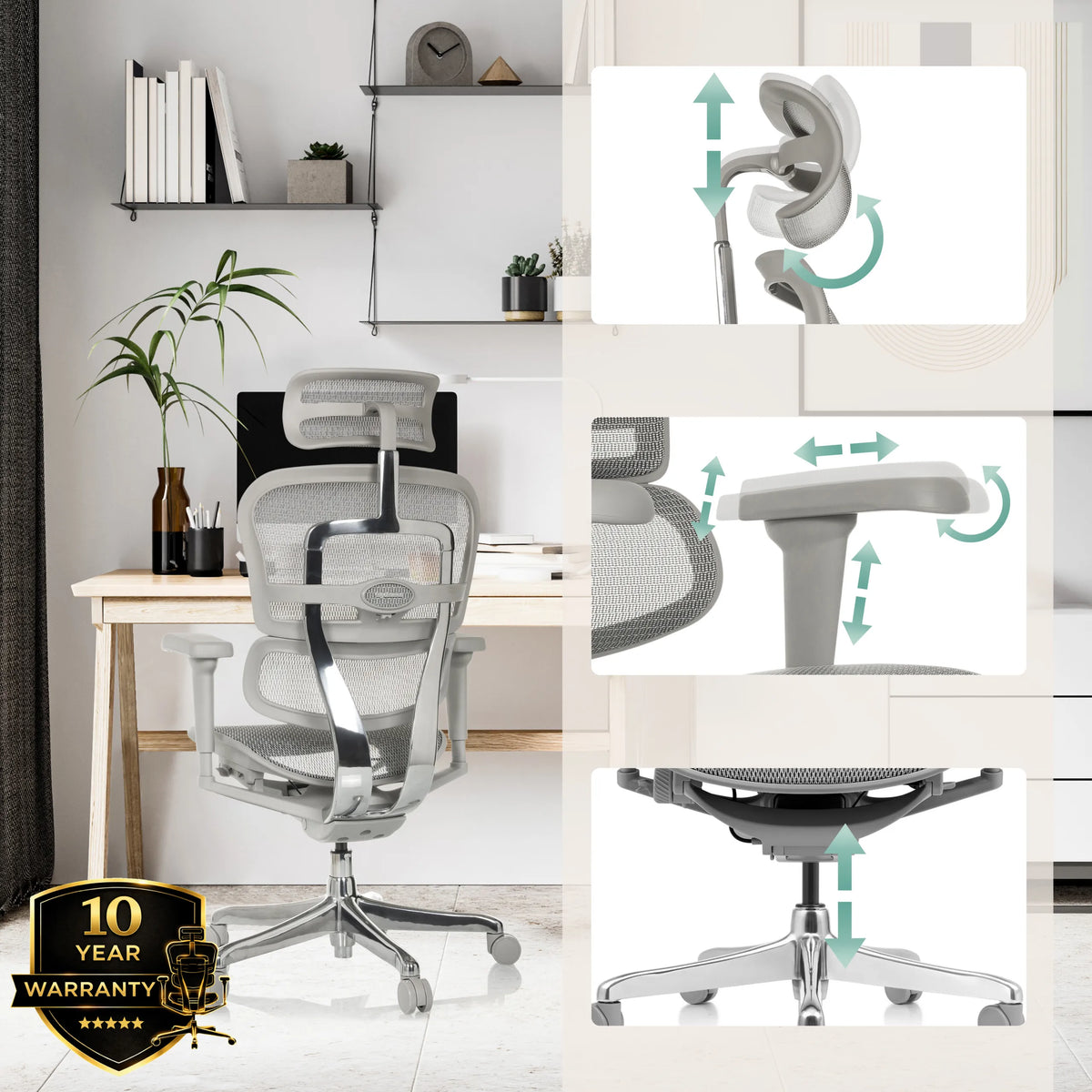 Appui-tête, accoudoirs et hauteur d'assise réglables du siège de direction de luxe ERGOHUMAN ULTRA G GEN2 en gris de hjh OFFICE