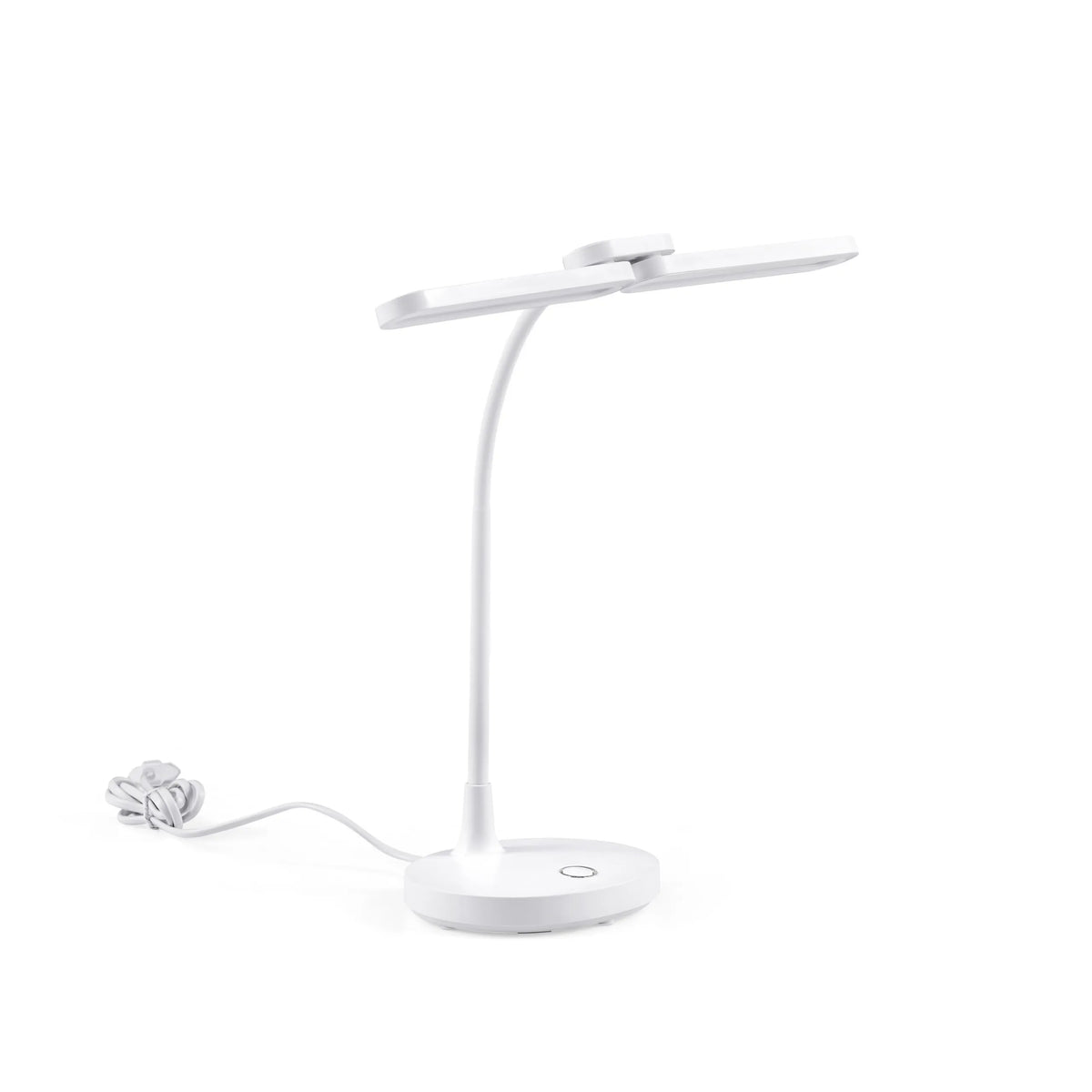 Lampe de bureau Lumanova D6 blanche avec pied rond, col flexible et tête plate de hjh OFFICE – vue à 360° (vue de face 15°)
