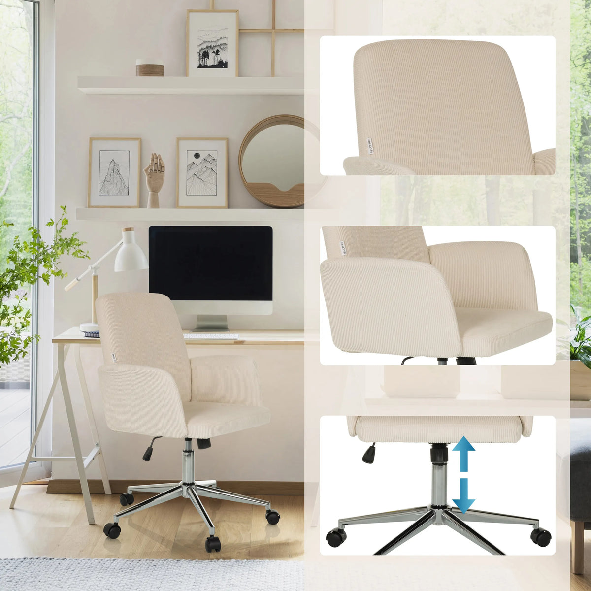 Siège de bureau à domicile SOLAO CORD beige avec piètement et accoudoirs réglables en hauteur de hjh OFFICE