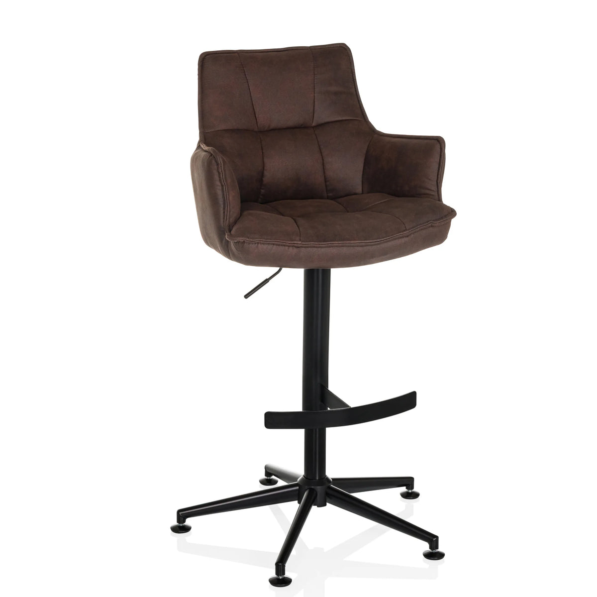 Tabouret de bar SOLAO LIFE HIGH marron avec rembourrage capitonné et pied en croix noir de hjh LIVING – vue à 360° (vue de face 15°)