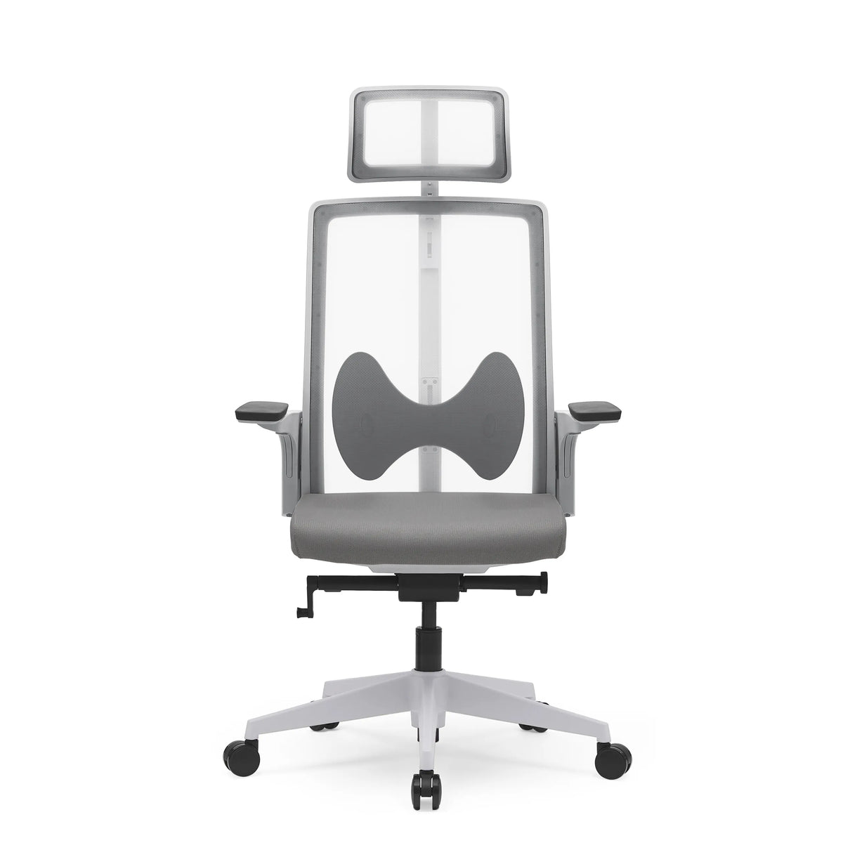 Siège de bureau de qualité professionnelle ARCEO W gris, dossier maille, appuie-tête et base à roulettes de hjh OFFICE – vue à 360° (vue de face 0°)