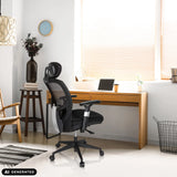 Siège de bureau haut de gamme VENUS BASE noir avec dossier en maille et appui-tête en télétravail de hjh OFFICE (image générée par IA)