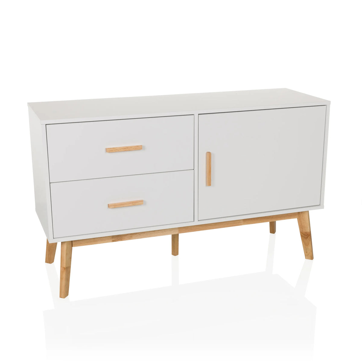 Buffet blanc TAROLO avec deux tiroirs, une porte et des pieds en bois de hjh LIVING – vue à 360° (vue de face 15°)