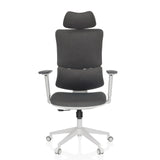 Siège de bureau à domicile ERGOMY WF gris avec revêtement en tissu, cadre blanc et base à cinq roulettes de MyBuero – vue à 360° (vue de face 0°)