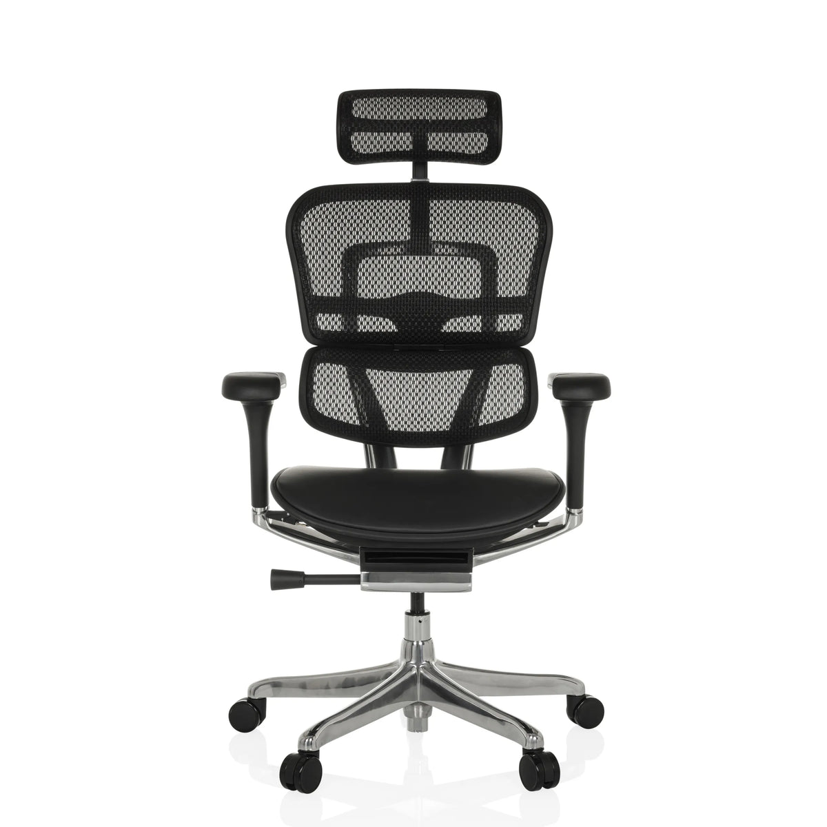 Siège de direction de luxe ERGOHUMAN GEN2 noir avec dossier en maille, assise en cuir et base à cinq roulettes de hjh OFFICE – vue à 360° (vue de face 0°)