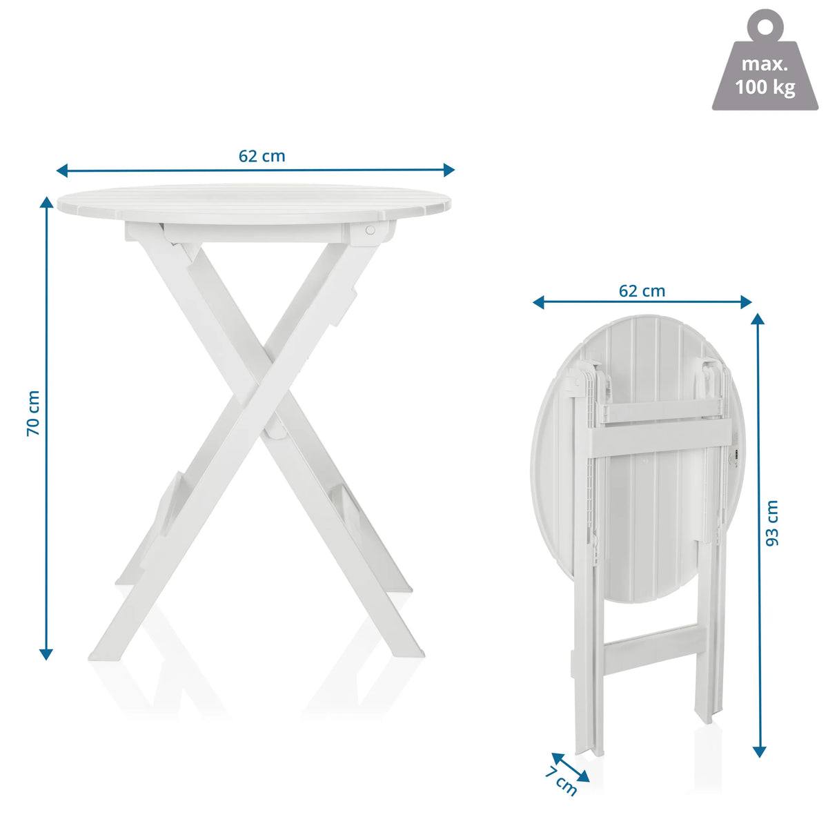 Dessin coté de la Table pliante TRAVANO T de 62 × 62 cm et d'une hauteur de 70 cm de hjh LIVING