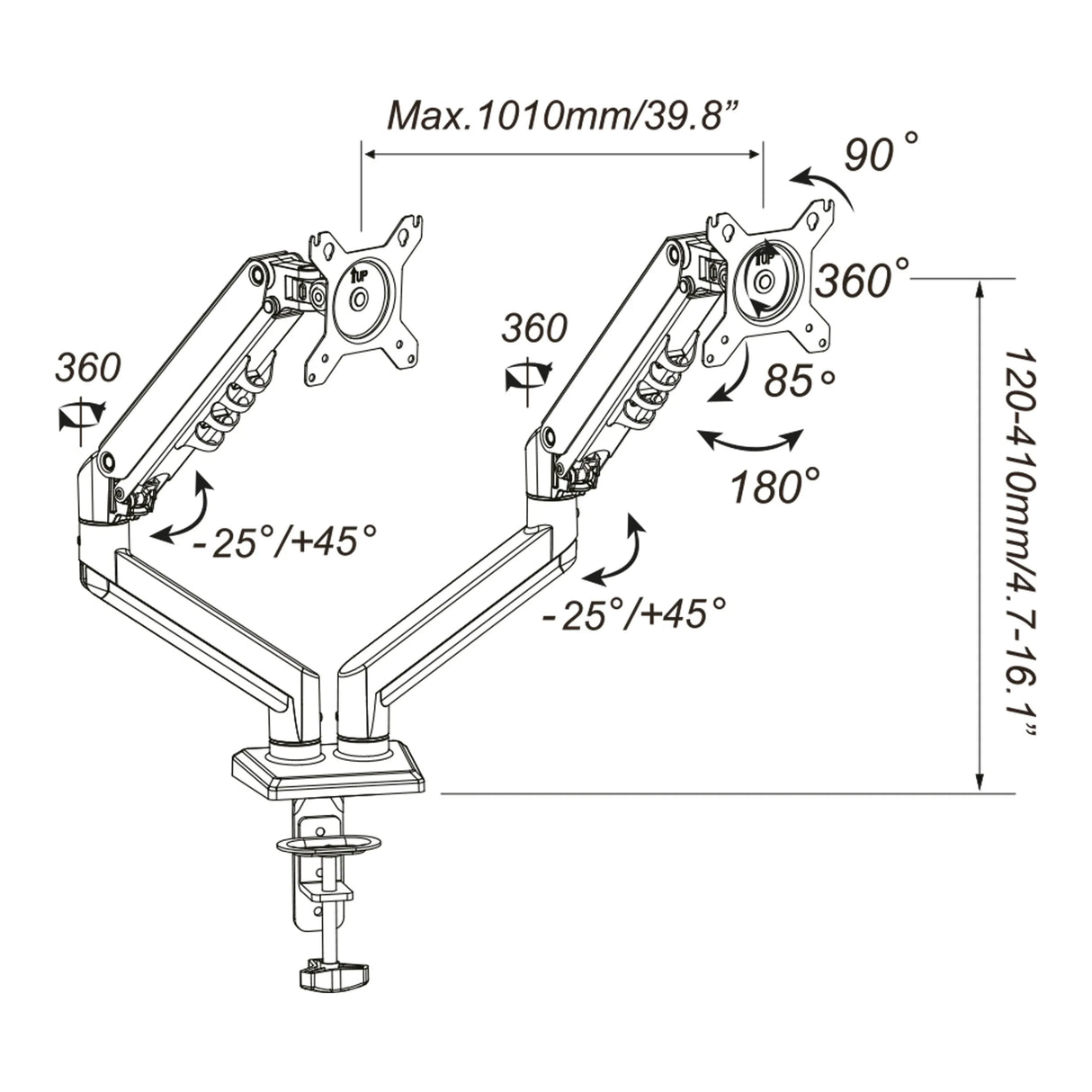 Dessin technique de la Fixation pour écran Ergomount GF2 avec une largeur maximale de 1010 mm de hjh OFFICE