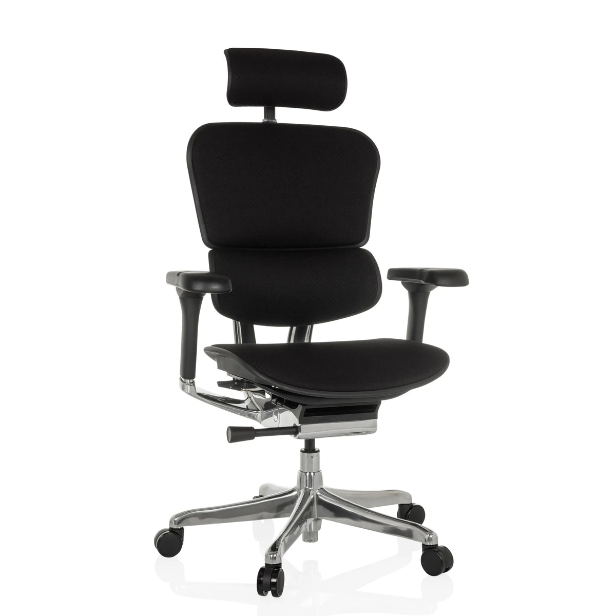Siège de direction de luxe ERGOHUMAN GEN2 noir avec appui-tête, accoudoirs et pied à cinq roulettes de hjh OFFICE – vue à 360° (vue de face 15°)
