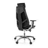 Siège de bureau haut de gamme GENIDIA PRO noir avec revêtement en tissu et piètement à cinq roulettes de hjh OFFICE – vue à 360° (vue de trois quarts arrière 140°)
