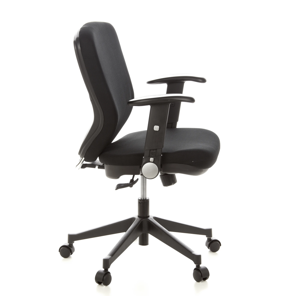 Siège de bureau de qualité professionnelle TRAFFIC 20 noir avec accoudoirs et base à cinq roulettes de hjh OFFICE – vue à 360° (vue de profil 80°)