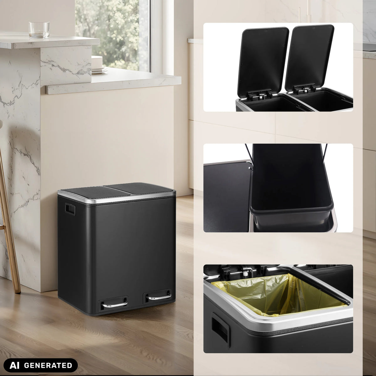 Poubelle Clean 9 en noir avec deux compartiments et seau intérieur amovible de hjh OFFICE (image générée par IA)