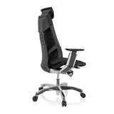 Siège de bureau haut de gamme GENIDIA PRO noir avec revêtement en tissu et piètement à cinq roulettes de hjh OFFICE – vue à 360° (vue de trois quarts arrière 120°)