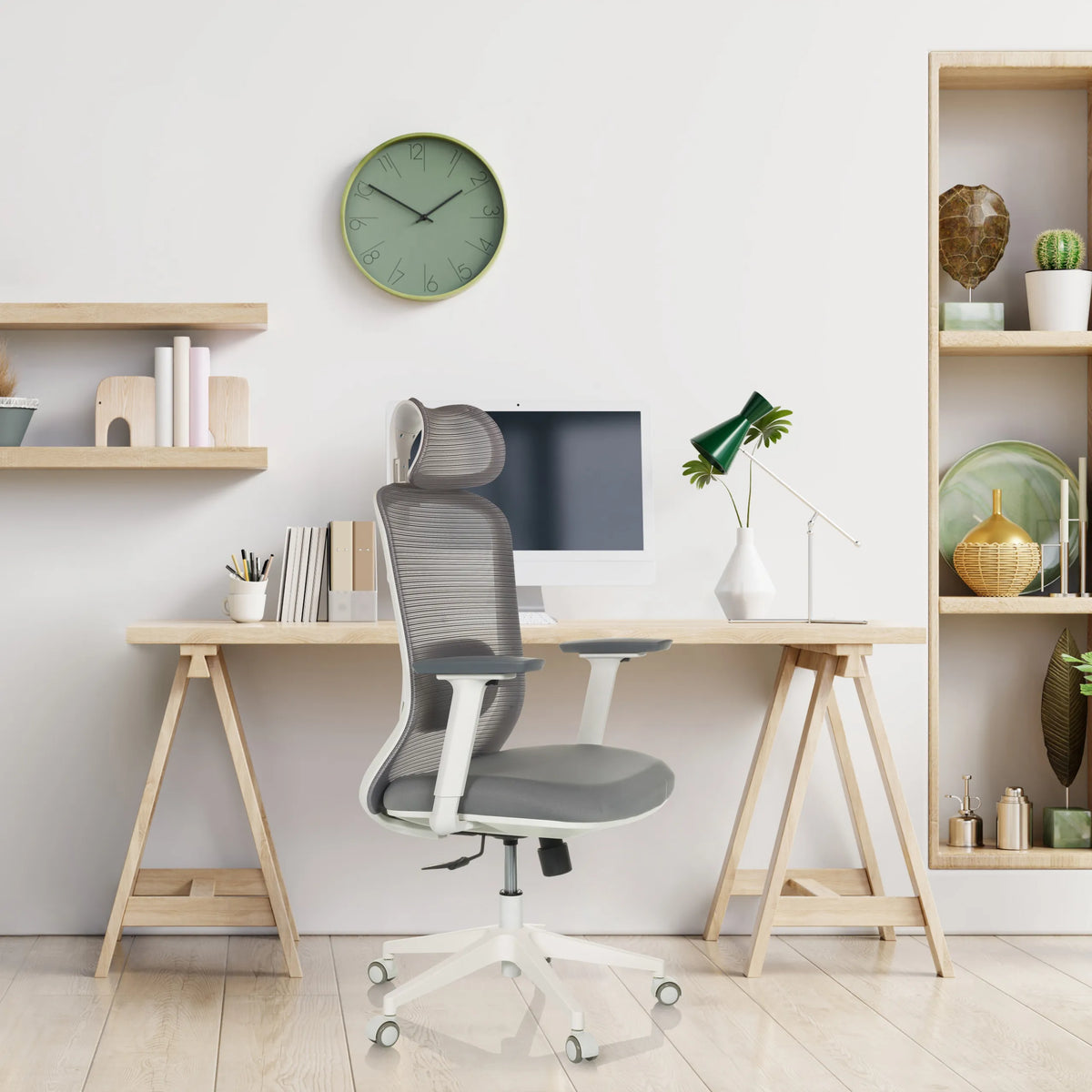 Siège de bureau de qualité professionnelle MIKEO G gris avec dossier en maille et piètement blanc de hjh OFFICE